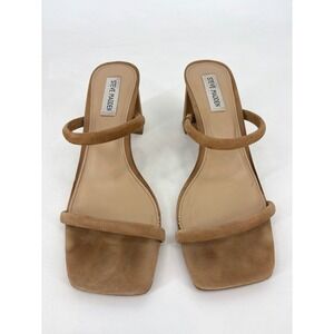 Steve Madden Women's Tan Suede Square Toe Two Strap Block‎ Heel Sandals